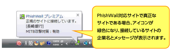 フィッシュウォール対応サイトで真正なサイトである場合、アイコンが緑になり、接続しているサイトの企業名とメッセージが表示されます。